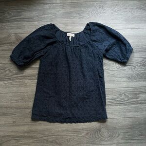 Michael Stars Navy Puff Sleeve Eyelet 100% Cotton Peasant Top Size 0 XS Floral